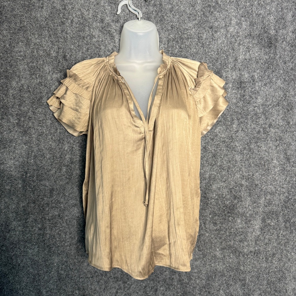 Evereve Lydia Shirt Women XS‎ Champagne Pleated Flutter Sleeve Satin Elegant